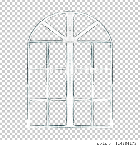 Arched window frame. Vintage white window frame. A watercolor illustration made by hand. Highlight it. A design element for home, children's games, postcards and decor. Arched window frame. Vintage white window frame. A watercolor illustration made by hand. Highlight it. A design element for home, children's games, postcards and decor. 114884175