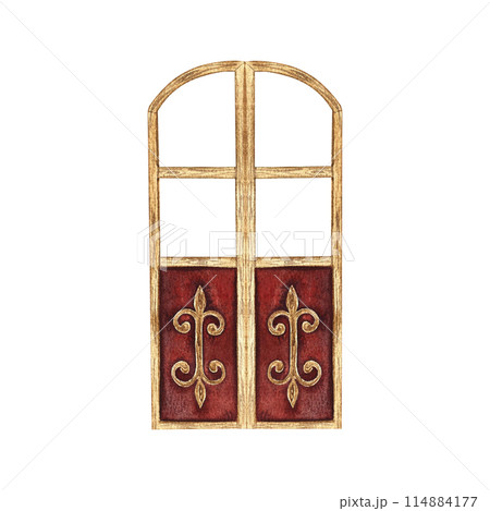 The leaves of the arched door. Vintage wooden door. A watercolor illustration made by hand. Highlight it. A design element for home, children's games, postcards and decor. 114884177