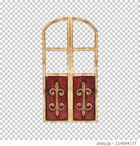 The leaves of the arched door. Vintage wooden door. A watercolor illustration made by hand. Highlight it. A design element for home, children's games, postcards and decor. 114884177