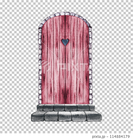 The door is retro. Pink, vintage arched, wooden door with stone steps. A watercolor illustration made by hand. Highlight it. A design element for home, children's games, postcards and decor. The door is retro. Pink, vintage arched, wooden door with stone steps. A watercolor illustration made by hand. Highlight it. A design element for home, children's games, postcards and decor. 114884179