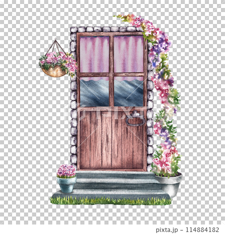 The door is retro. Vintage wooden door with pink curtains and stone steps. Decorated with flowers. A watercolor illustration made by hand. Highlight it. A design element for home, children's games. 114884182