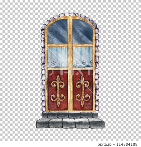 The door is retro. Vintage, fabulous, wooden door with curtains and stone steps. A watercolor illustration made by hand. Highlight it. A design element for home, children's games, postcards and decor. 114884189