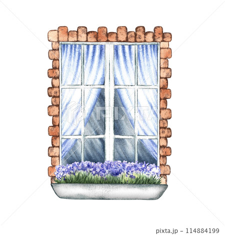 The window is in retro style. An old vintage window framed with brick. With blue curtains and flowers on the windowsill. A hand-drawn watercolor illustration. Highlight it. A design element. 114884199