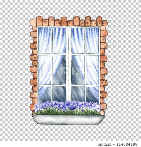 The window is in retro style. An old vintage window framed with brick. With blue curtains and flowers on the windowsill. A hand-drawn watercolor illustration. Highlight it. A design element. 114884199