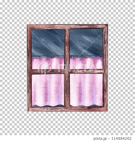 Window. Vintage rustic window with wooden frame and pink curtains. Handmade watercolor illustration. Highlight it. A design element for decorating children's games, postcards, decor and printing. 114884202