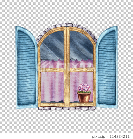 Window. Vintage vintage arched retro window with blue shutters and pink curtains. A hand-drawn watercolor illustration. Isolate it. A design element for home, children's games, postcards and decor. Window. Vintage vintage arched retro window with blue shutters and pink curtains. A hand-drawn watercolor illustration. Isolate it. A design element for home, children's games, postcards and decor. 114884211