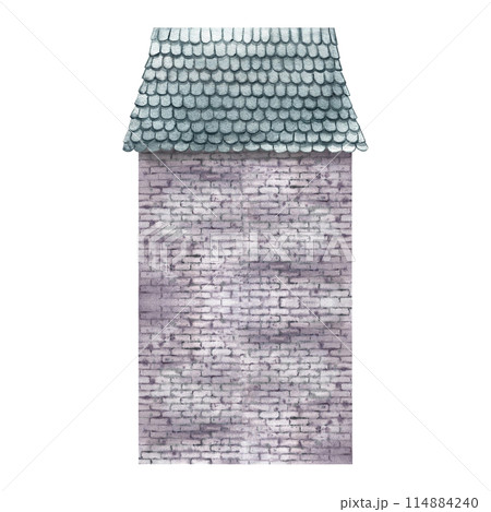 The empty facade of a brick house without windows and doors in a vintage style. A house with a tiled roof. The watercolor illustration is made by hand. Highlight it. A design element. The empty facade of a brick house without windows and doors in a vintage style. A house with a tiled roof. The watercolor illustration is made by hand. Highlight it. A design element. 114884240