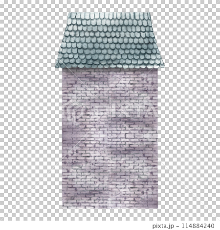 The empty facade of a brick house without windows and doors in a vintage style. A house with a tiled roof. The watercolor illustration is made by hand. Highlight it. A design element. The empty facade of a brick house without windows and doors in a vintage style. A house with a tiled roof. The watercolor illustration is made by hand. Highlight it. A design element. 114884240