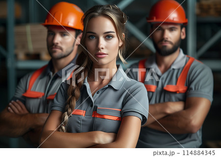 Group of factory workers standing together with crossed arms and smiling in industry factory, dressed in uniform and wearing helmets 114884345