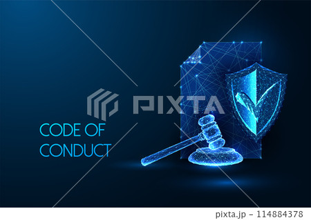 Futuristic code of conduct, corporate govenrnace concept with document, gavel, and shield 114884378