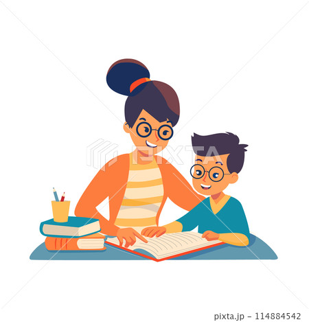 A woman is helping a child with their homework,...のイラスト素材 [114884542 ...