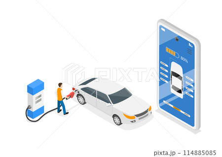 3D Isometric Flat  Conceptual Illustration of Car Fuel or Charge Managment, Online App 114885085