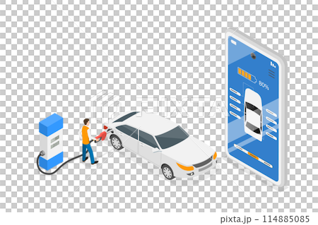 3D Isometric Flat  Conceptual Illustration of Car Fuel or Charge Managment, Online App 114885085