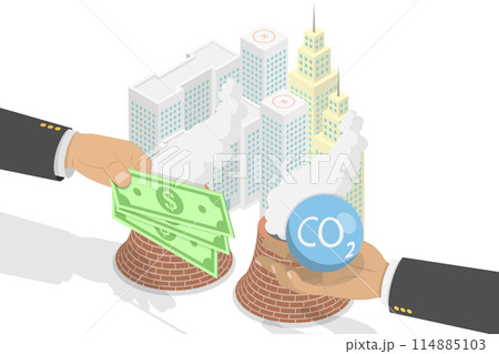 3D Isometric Flat  Conceptual Illustration of Carbon Tax, CO2 Emissions Environmental Price 114885103