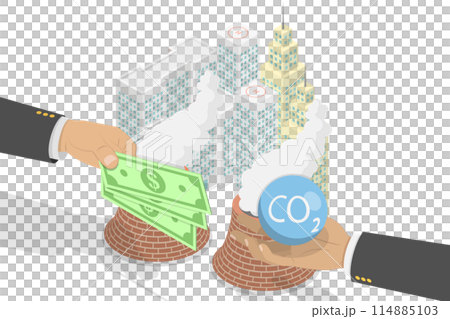 3D Isometric Flat  Conceptual Illustration of Carbon Tax, CO2 Emissions Environmental Price 114885103