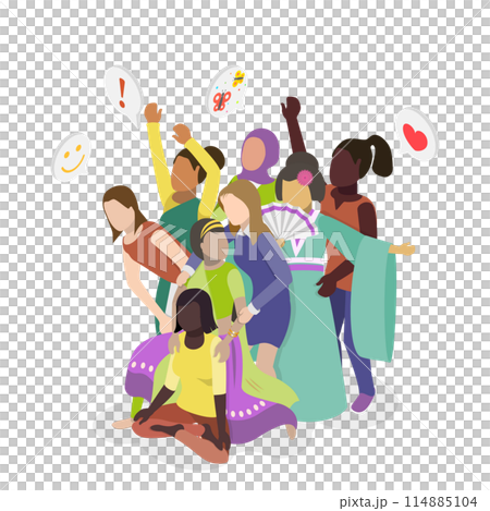 3D Isometric Flat  Conceptual Illustration of Multicultural Friendship, Diverse Various People 114885104