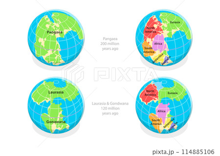 3D Isometric Flat  Conceptual Illustration of Paleozoic And Mesozoic Eras, Continental Drift 114885106