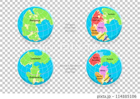 3D Isometric Flat  Conceptual Illustration of Paleozoic And Mesozoic Eras, Continental Drift 114885106