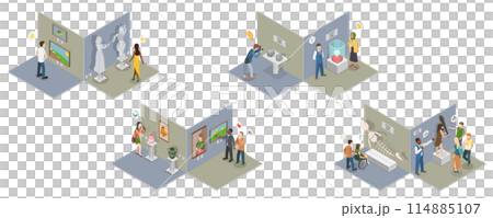 3D Isometric Flat  Conceptual Illustration of Arts And Paleontology Museum, Gallery Exhibition 114885107