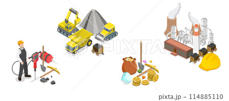 3D Isometric Flat Conceptual Illustration of Mining, Extraction Machinery and Transport 3D Isometric Flat Conceptual Illustration of Mining, Extraction Machinery and Transport 114885110