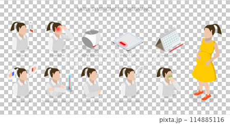 3D Isometric Flat  Conceptual Illustration of Early Symptoms Of Pregnancy, Pregnant Female Conditions 114885116