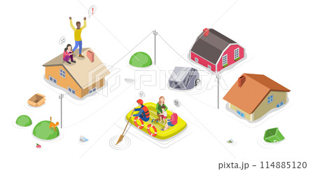 3D Isometric Flat  Conceptual Illustration of Flood Rescue, Natural Disasters, Helping Person Affected High Water 114885120