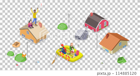 3D Isometric Flat  Conceptual Illustration of Flood Rescue, Natural Disasters, Helping Person Affected High Water 114885120