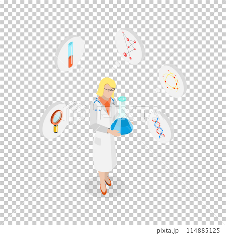 3D Isometric Flat  Conceptual Illustration of Biology or Chemistry Research, Scientific Breakthrough 114885125