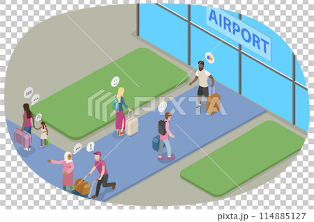 3D Isometric Flat  Conceptual Illustration of Travelers, Tourists with Luggage 114885127