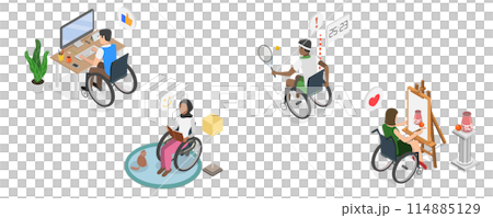 3D Isometric Flat  Conceptual Illustration of Life With Disability, Inclusion Society 114885129