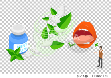 3D Isometric Flat  Conceptual Illustration of Mint Chewing Gum, Sweet Product for Oral Cavity Care, Fresh Breath 114885130