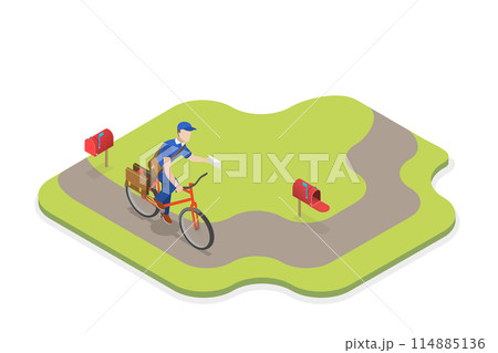 3D Isometric Flat Conceptual Illustration of Mailman, Postman on the Bike 3D Isometric Flat Conceptual Illustration of Mailman, Postman on the Bike 114885136