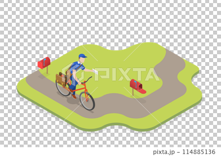 3D Isometric Flat Conceptual Illustration of Mailman, Postman on the Bike 3D Isometric Flat Conceptual Illustration of Mailman, Postman on the Bike 114885136