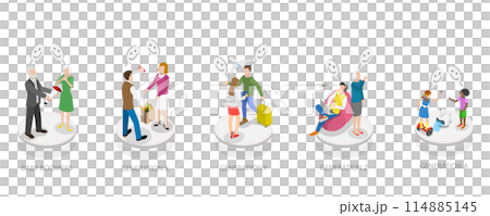 3D Isometric Flat Conceptual Illustration of Social Generations, Different Age Groups 3D Isometric Flat Conceptual Illustration of Social Generations, Different Age Groups 114885145