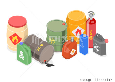 3D Isometric Flat  Set of Hazard Toxic Chemical Substances, Dangerous Containers 114885147