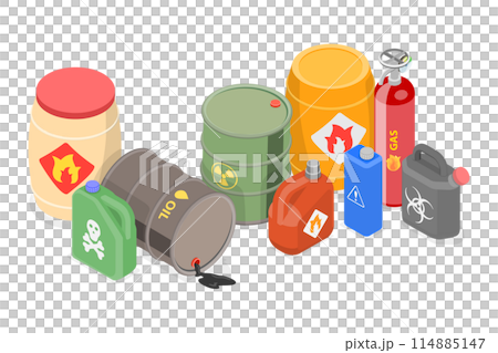 3D Isometric Flat  Set of Hazard Toxic Chemical Substances, Dangerous Containers 114885147