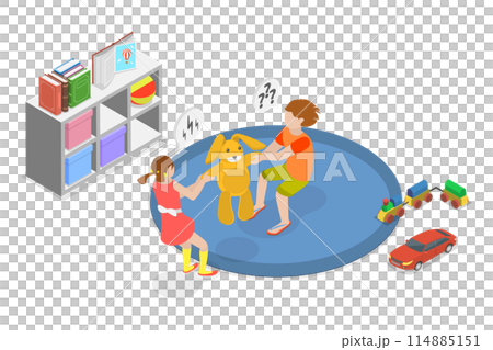 3D Isometric Flat  Conceptual Illustration of Fighting Children, Sibling Rivalry 114885151