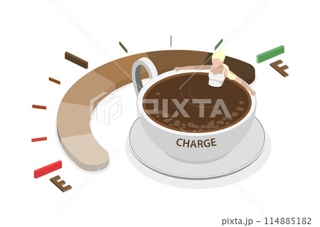3D Isometric Flat  Conceptual Illustration of Coffee Refuel Gauge, Energy Drink 114885182