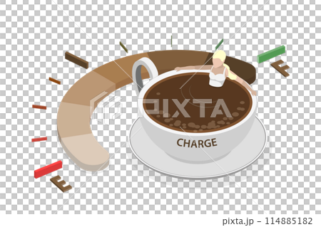 3D Isometric Flat  Conceptual Illustration of Coffee Refuel Gauge, Energy Drink 114885182