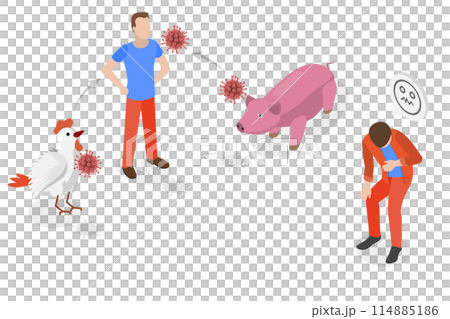 3D Isometric Flat  Conceptual Illustration of Zoonotic Diseases, Infection Transmission from Animal to Human 114885186