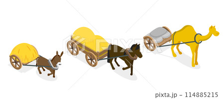 3D Isometric Flat  Set of Draft Animals, Medieval Transport 114885215