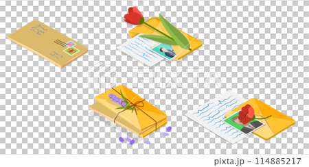 3D Isometric Flat  Set of Mail Paper Letters, Postal Item with Written Message 114885217