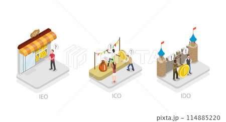 3D Isometric Flat  Conceptual Illustration of Investment in ICO, IEO and IDO, Investing at Initial Stage 114885220