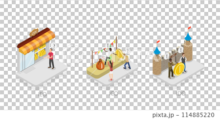 3D Isometric Flat  Conceptual Illustration of Investment in ICO, IEO and IDO, Investing at Initial Stage 114885220