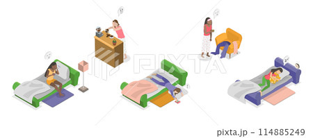 3D Isometric Flat  Conceptual Illustration of Sleepy Early Morning, Lazy Monday 114885249
