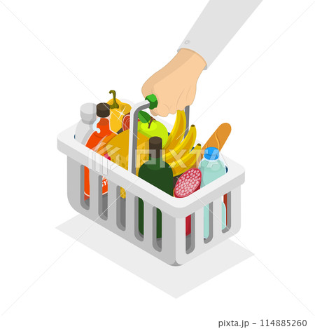 3D Isometric Flat  Icon of Grocery Basket, Buying Food in a Supermarket 114885260