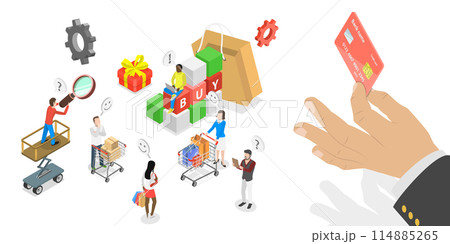 3D Isometric Flat  Conceptual Illustration of Customer Shopping Habits Research, Client Profile Analisys 114885265