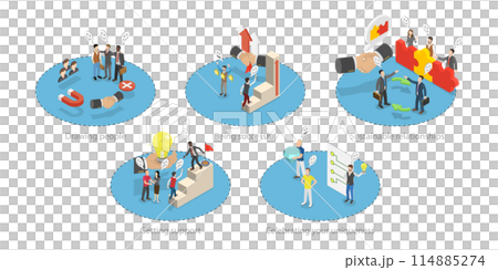 3D Isometric Flat  Conceptual Illustration of Charisma Benefits, Achieving Goals and Growth 114885274