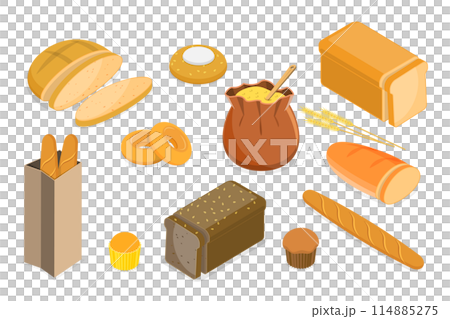 3D Isometric Flat  Set of Different Types of Bread, Bakery Products 114885275