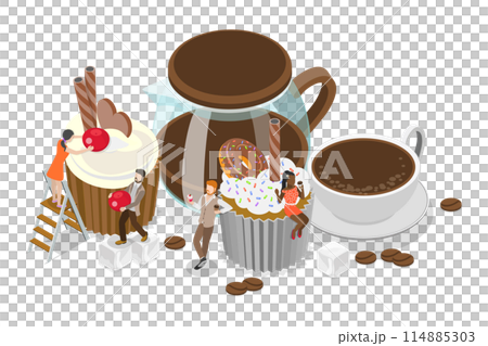3D Isometric Flat Conceptual Illustration of Coffee Break, Hot Beverage with Sweet Desserts 3D Isometric Flat Conceptual Illustration of Coffee Break, Hot Beverage with Sweet Desserts 114885303